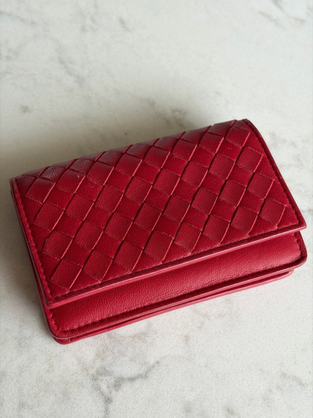 Bottega Red Woven Leather card Wallet